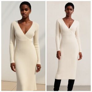 ZARA Cream Knit Long Sleeve V Neck Bodycon Midi Dress Ribbed Small